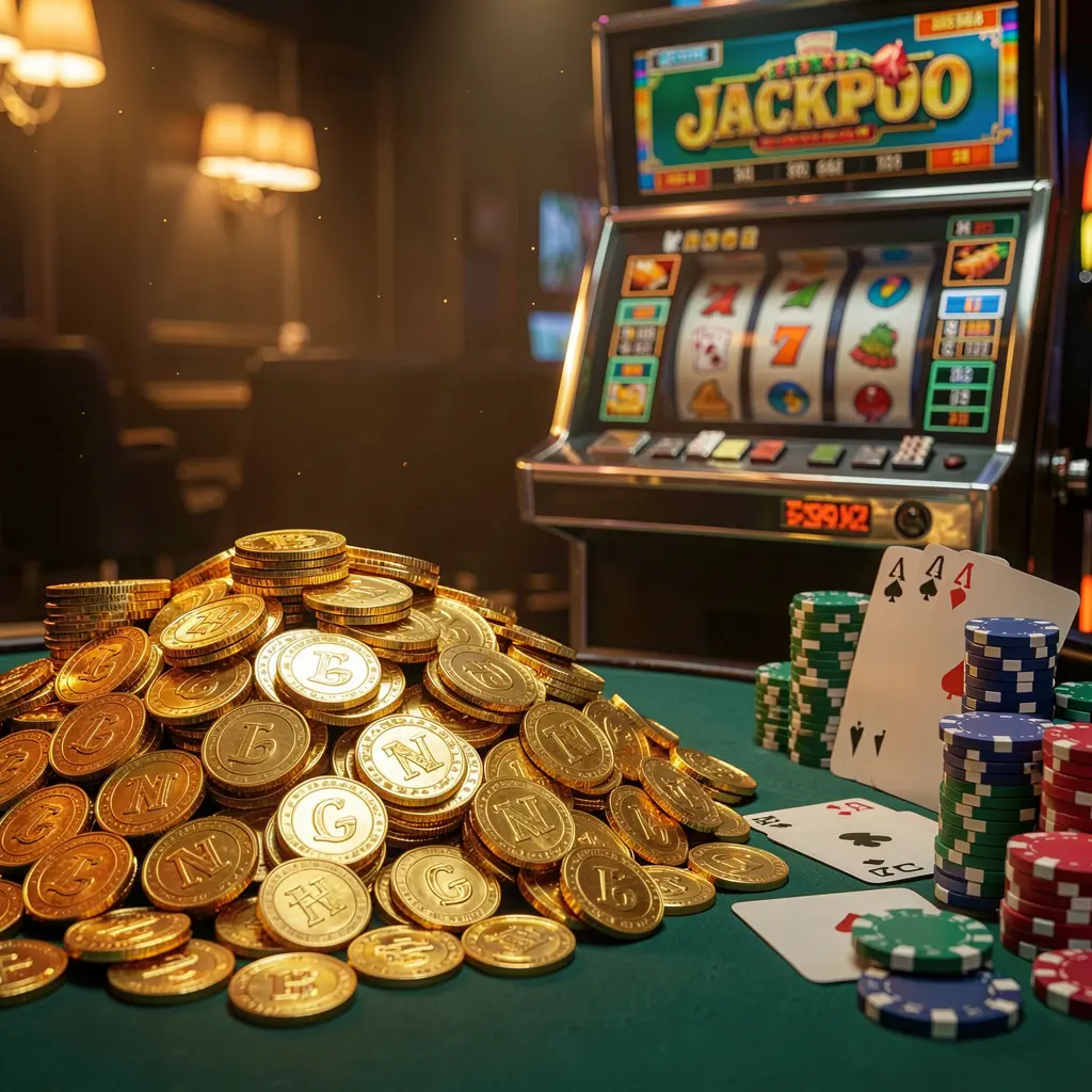62JILI jackpot bonus scene featuring a huge pile of golden coins, a slot machine in the background, poker chips, and playing cards under cinematic luxury lighting