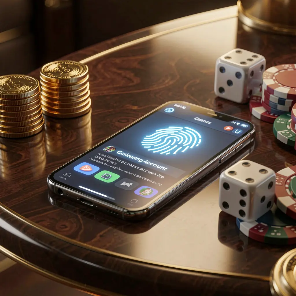 62JILI online gaming account access scene featuring a smartphone with a glowing fingerprint icon, golden coins, dice, and poker chips on a glossy table under cinematic lighting