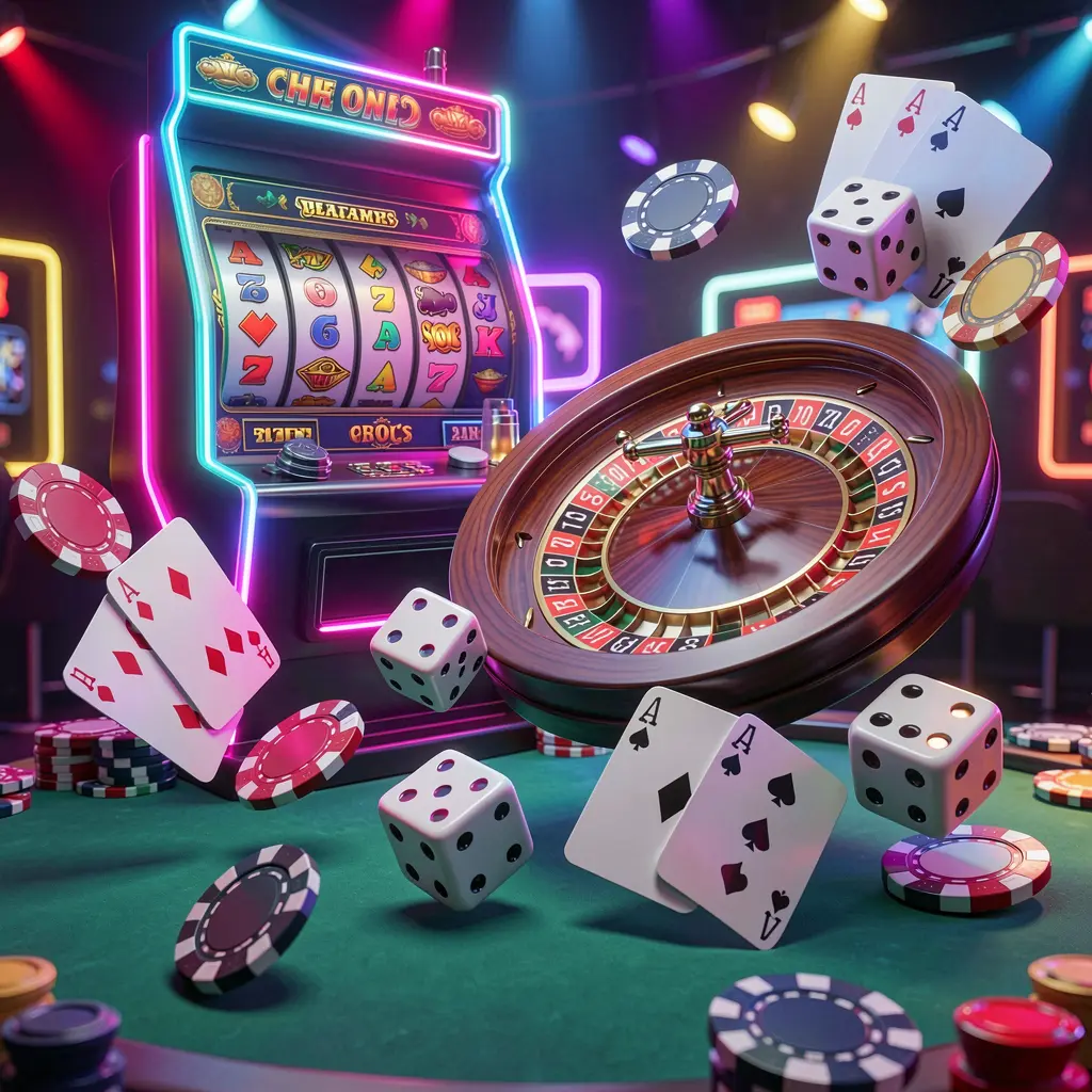 62JILI casino games collection homepage visual featuring a slot machine, roulette wheel, dice, playing cards, and poker chips floating together with colorful neon lights in a premium 3D render